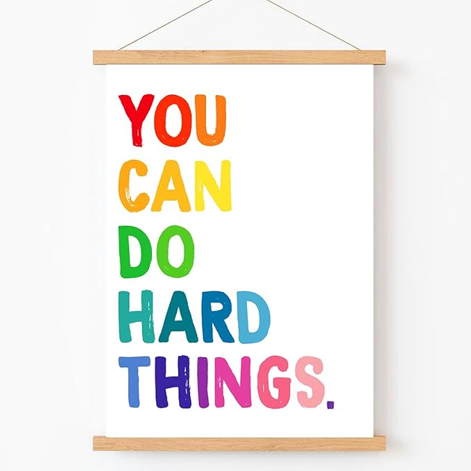 Qswo Positive Affirmations Wall Decor,You Can Do Hard Things Wall Art Poster Hanger Frame,Inspirational Hanging Canvas Wall Decor for Kids Room Nursery Classroom