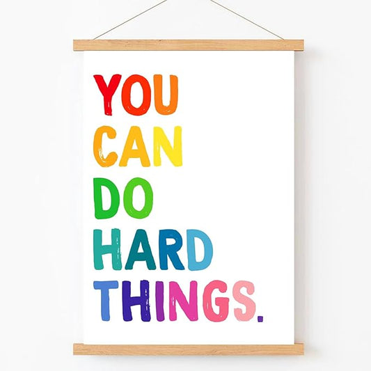 Qswo Positive Affirmations Wall Decor,You Can Do Hard Things Wall Art Poster Hanger Frame,Inspirational Hanging Canvas Wall Decor for Kids Room Nursery Classroom