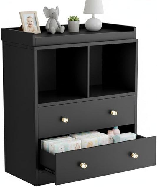 Modern 2-Drawer Nursery Changing Table with Media Shelves, Black Baby Dresser with Crystal Knobs, Multi-Purpose Diaper Station Storage Organizer for Infant Room, Anti-Tip Safety Design