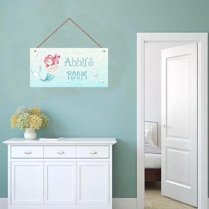 Personalized Sign Mermaid Sign,Ocean Theme Wall Decor For Kids Room Custom Name Door Art Decor For Nursery, Floral Art Plate For Boys Room Girls Bedroom Little Man Cave