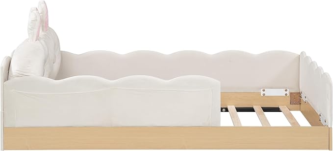 Twin Size Upholstered Platform Bed with Safety Guardrail and Cute Rabbit Ear Shaped Pillows, Velvet Fabric Montessori Kids Floor Bed with Pocket and Sturdy Slats Support (Beige-9.25)