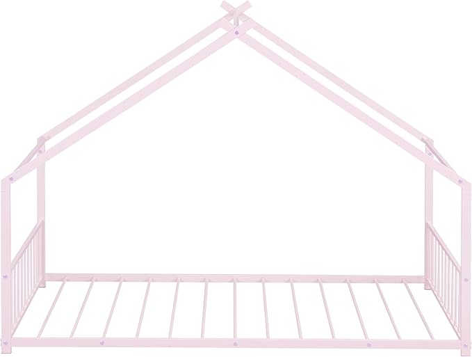 Twin Size House Shaped Montessori Platform Beds, Wood Floor Bed Frame with Roof and Fence Deisgn, Kids Double Toddler Bed for Children Boys Girls, Easy Assemble, No Box Spring Needed, Pink