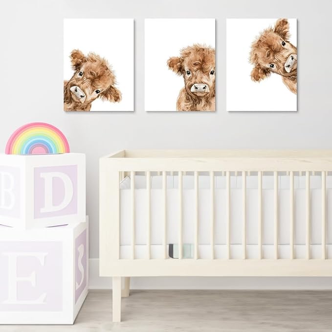 Peeking Cow Nursery Wall Art, Cute Highland Cow Print, 3 Piece Watercolor Baby Animal Nursery Wall Decor, Farmhouse Picture for Baby Boy Girl Room Decor, Framed Canvas Set, 12"x16"x3