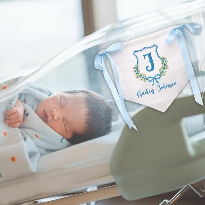 Embroidered Baby Name Sign Personalized Baby Announcement Sign Newborn Baby Banner with Bows Baby Hospital Name Sign Canvas Hanging Pennant Flag Custom Infant Baby Name Baby Shower Banner (15)