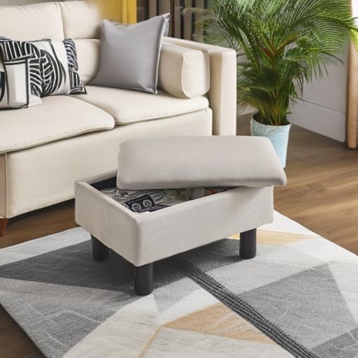 IBUYKE Storage Ottoman Footrest Stool with Linen Fabric, Rectangular, Flip Top Lid, Non-Slip Feet, Compact Design, Stylish and Functional, Linen RF-BD223