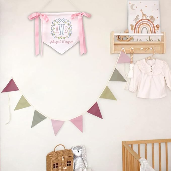 EMBROIDERED Name Baby Banner, Baby Flag with Monogram Name, Personalized Baby Name Sign, Customizable Baby Name, Baby Announcement Sign for Hospital (03)