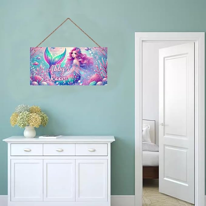 Personalized Mermaid Signs for Girls Room Bedroom Door Hanging Wooden Signs Custom Baby Name Ocean Door Hanger Baby Nursery Room Customized Kids Room Décor