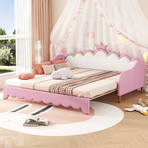 Twin Size Upholstered Daybed with Crown Headboard and LED Lights, Extending Daybed Princess Bed for Girls (Pink)
