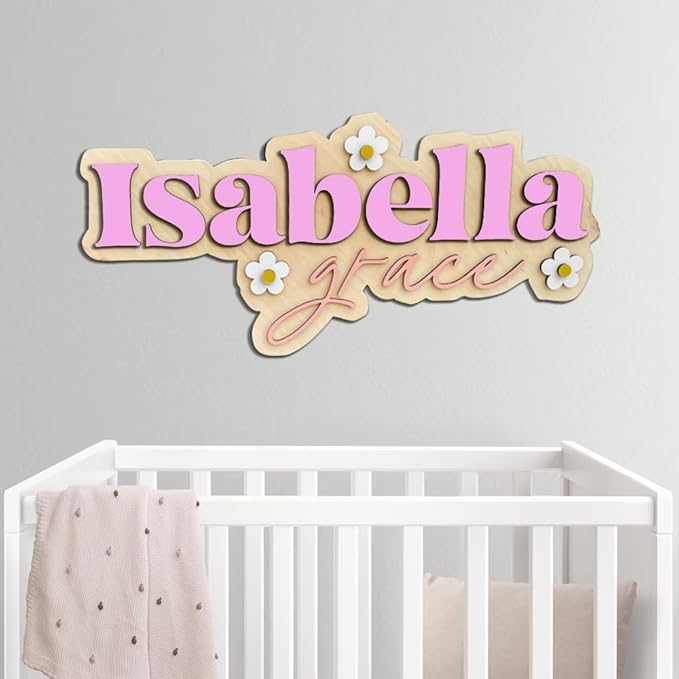 Personalized Nursery Name Sign, Custom Wooden Name Sign with Flowers, 3D Layered Wood Wall Decor for Baby Girl Room, Boho Floral Kids Room Name Plaque, 2 Layer /2