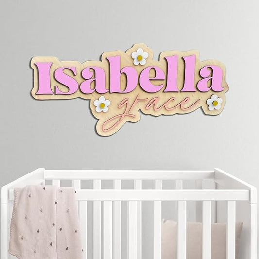 Personalized Nursery Name Sign, Custom Wooden Name Sign with Flowers, 3D Layered Wood Wall Decor for Baby Girl Room, Boho Floral Kids Room Name Plaque, 2 Layer /2