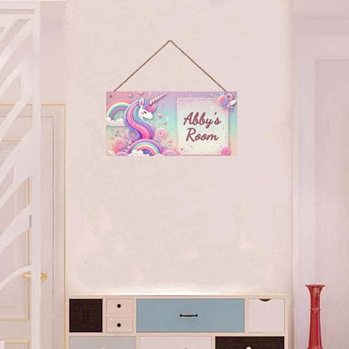 Personalized Sign Colorful Unicorn Rerto Sign Wall Art Decor For Kids Room Custom Name Rainbow Door Décor For Little Man Cave Girls Bedroom Home Kitchen Garden Yard