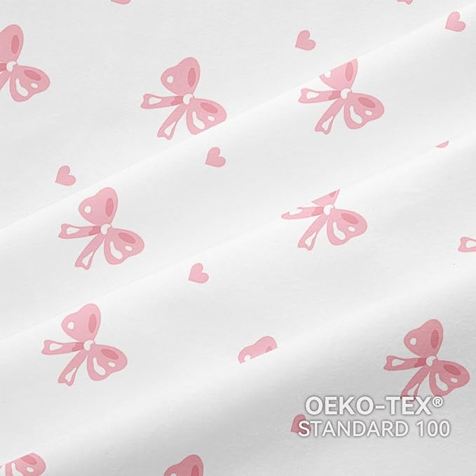 Bow Duvet Cover Full Size Pink Heart Striped Bedding Set Cute Love Heart Printed On White Comforter Cover with Zipper Closure Soft Breathable Microfiber for Kids Girls