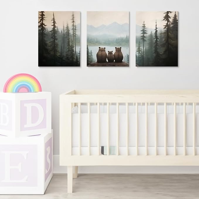 Set of 3 Bear Family Nursery Canvas Wall Art, Forest Animal Nursery Print, Woodland Nursery Wall Decor, Landscape Toddler Room Decor for Boy's Bedroom, Baby Girl's Nursery Decor, Framed 16"x24"x3