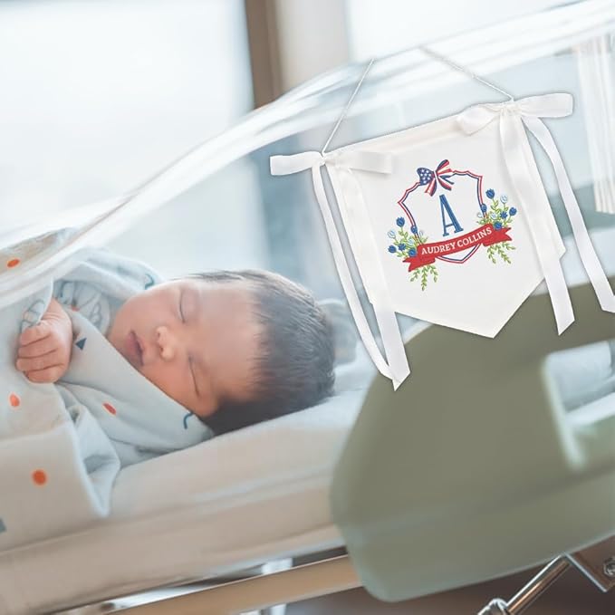 Embroidered Baby Name Sign with Bows Personalized Baby Announcement Sign Newborn Baby Banner Baby Hospital Name Sign Canvas Hanging Pennant Flag Custom Infant Baby Name Baby Shower Banner (15)