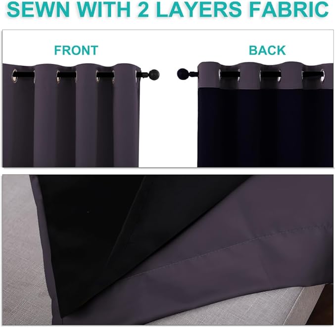 NICETOWN 100% Blackout Curtains for Windows, Pack of 2, Greyish Purple, 52" W x 102" L, Super Heavy-Duty Black Lined Total Darkness Drapes for Bedroom, Privacy Assured Window Treatment for Patio