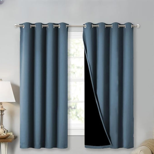 NICETOWN 100% Blackout Curtains with Black Liners, Smoky Blue, 2 Panels, 52-inch W by 63-inch L, Thermal Insulated Full Blackout 2-Layer Lined Drapes, Energy Efficiency Window Draperies for Bedroom