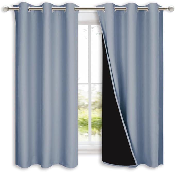 NICETOWN 100% Blackout Short Curtains with Black Liners, 2 Panels, 37" W by 60" L, Vintage Blue, Solid Thermal Insulated Full Blackout 2-Layer Lined Drapes, Energy Efficiency Window Drapes for Bedroom