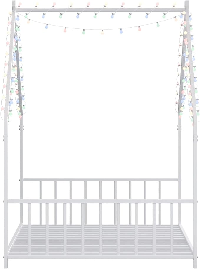 Bellemave Twin Size Montessori Floor Beds with Slats for Kids, Metal Twin House Bed for Kids, White with Slats and Lights