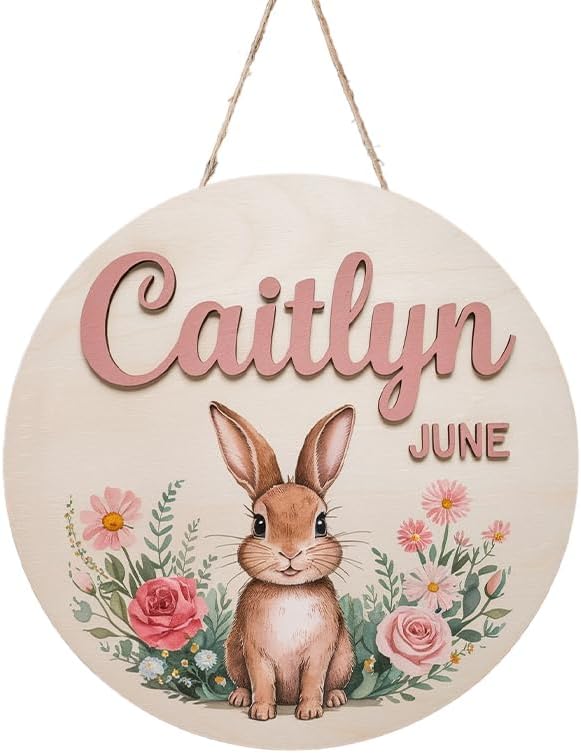 Personalized Name Sign for Nursery, Rabbit Sign for Baby Door Decor, Newborn Gifts for Girl, Girls Nursery Wall Art Bedroom Decorations, Mother's Day Gifts for New Mom Dad Gift