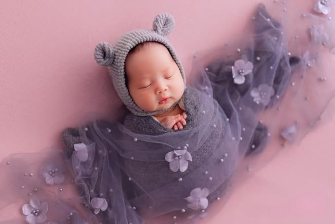 Newborn Baby Photography Props Blanket, Baby Photo Props Pearl Wrap Blanket Headband for Baby Boys Girls Photoshoot (Grey)