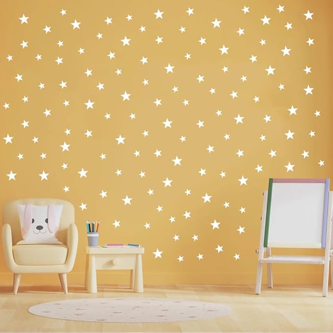 Wall Decals White Stars for Kids Room, 3-4-5centimeter Mix 112 Pcs, Easy to Peel Easy to Stick, Safe On Walls and Paint, Vinyl Decor by Bugybagy. (Matte White)