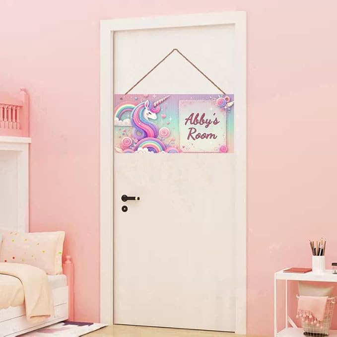 Personalized Sign Colorful Unicorn Rerto Sign Wall Art Decor For Kids Room Custom Name Rainbow Door Décor For Little Man Cave Girls Bedroom Home Kitchen Garden Yard