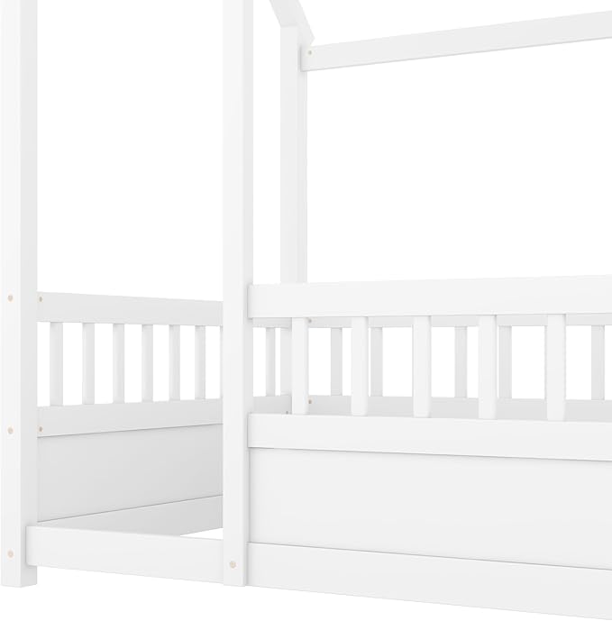 Bellemave Twin House Bed for Kids, Wooden Kids bedframe with Rails and Storage, Montessori Floor beds with high guardrail Without slats, White
