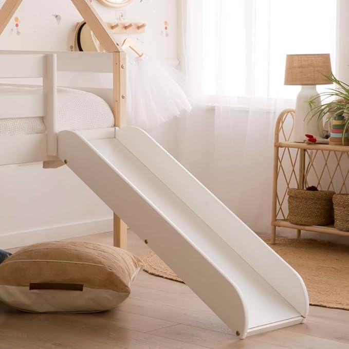 From the Tree Furniture Twin Loft Bed with Slide for Kids – Solid Wood House Frame with Safety Rails, Low Loft Playhouse Bed