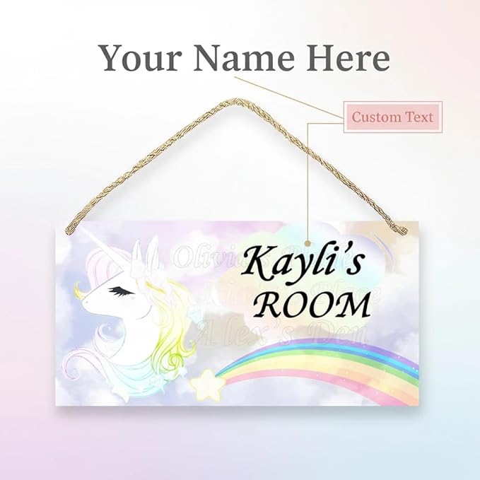 Personalized Name's Pretty Iridescent unicorn with rainbow Nursery Kid's Children's Girls Bedroom Door Sign Wood Plaque Sign Wall Decor Gift