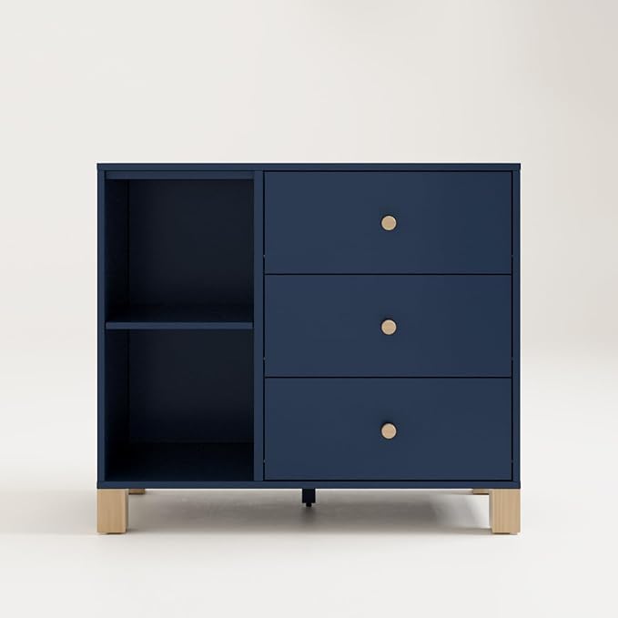Storkcraft California 3 Drawer Combo Dresser (Midnight Blue with Driftwood) – GREENGUARD Gold Certified, Interlocking Drawer System, Pre-Installed Drawer Tracks for Easier Assembly, Spacious Cabinet