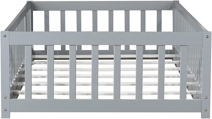 Bellemave Twin Size Floor Bed for Kids, Girls, Boys, Rubber Wood Floor Bed with slats and Door, Grey