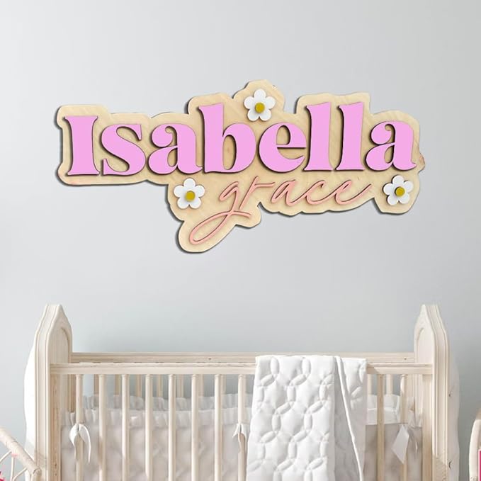 Personalized Nursery Name Sign, Custom Wooden Name Sign with Flowers, 3D Layered Wood Wall Decor for Baby Girl Room, Boho Floral Kids Room Name Plaque, 2 Layer /2