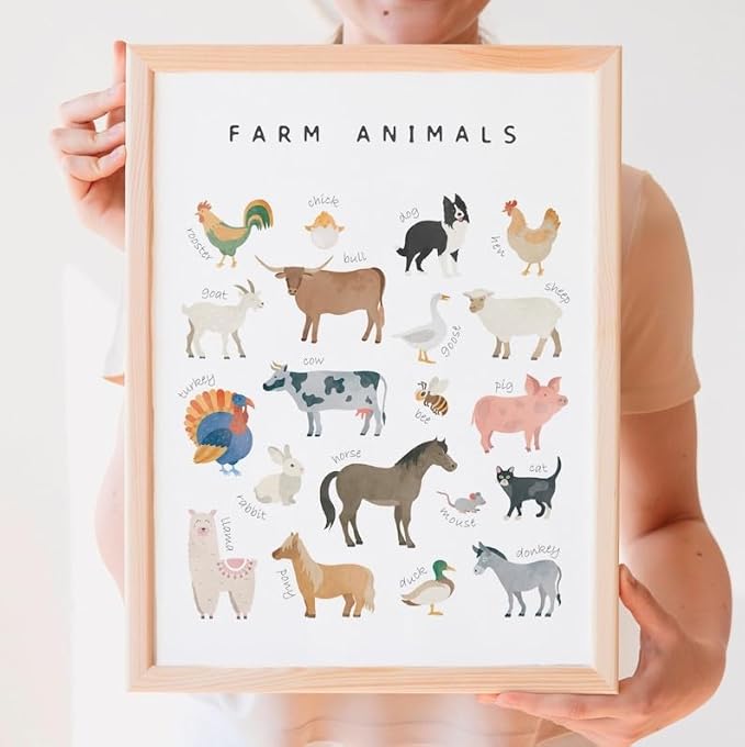 OZCONO Farm Animals Learning Poster, Vibrant Rural Wildlife Chart Kids, Playroom Wall Decor Art, Homeschool Education Guide (Unframed) (9x11)