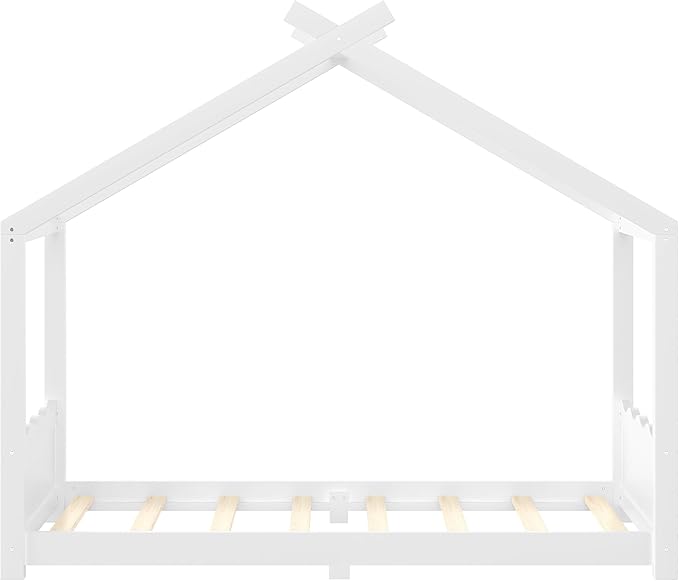 Twin Size Wooden House Floor Bed - Kids Bed Frame with Roof & Support Slats for Bedroom, No Box Spring Needed, Easy Assembly (White)