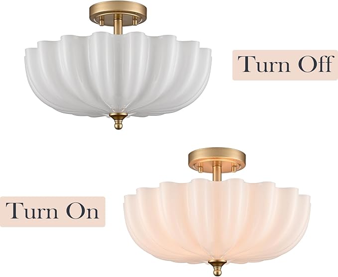 Modern Brushed Brass Gold Semi Flush Mount Light with Milky Flower Shade Ceiling Light Fixture for Living Room Bedroom Entryway