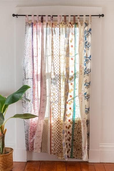 YILLE Boho Silk Sari Curtain Panel,1 Piece Vintage Handmade Lightweight Recycled Indian Silk Saree Window Drapes for Bohemian Living Room, Aesthetic Home Décor Wall Hanging - White, 84 X 43 in
