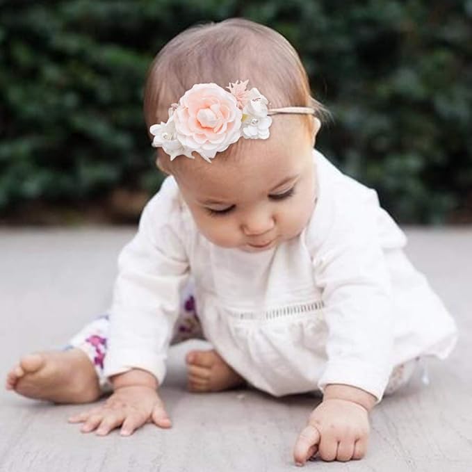Baby Girl Floral Headbands- 3pcs Nylon Headband Handmade Flower Crown Elastic Hairband Newborn Toddler Hair Accessories Gifts for Girls （1-6 years old）