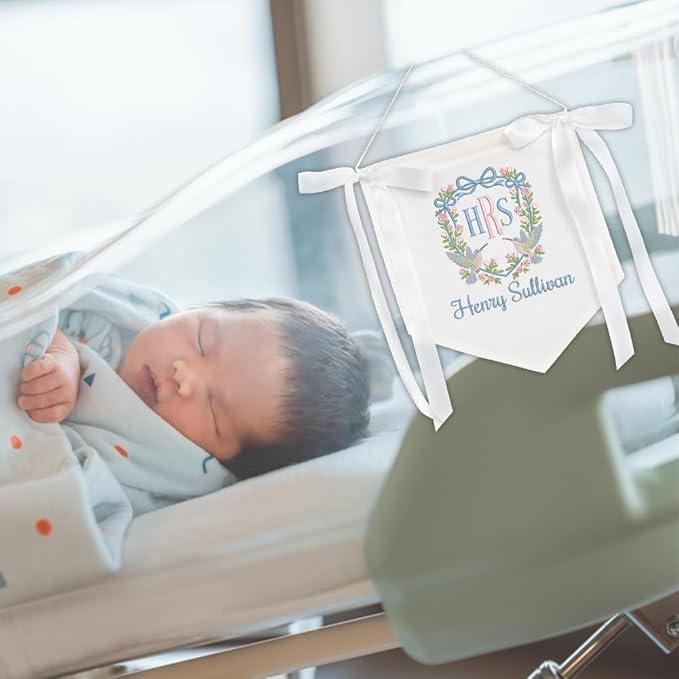 Embroidered Baby Name Sign with Bows Personalized Baby Announcement Sign Newborn Baby Banner Baby Hospital Name Sign Canvas Hanging Pennant Flag Custom Infant Baby Name Baby Shower Banner (08)