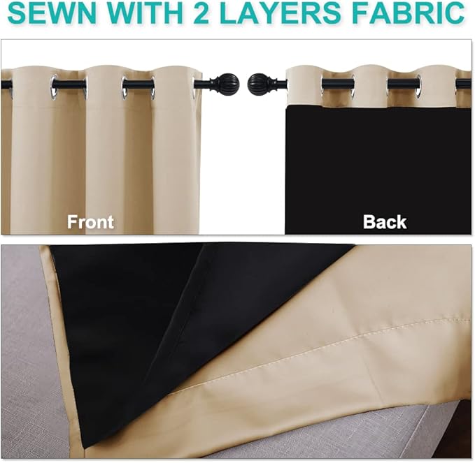 NICETOWN Living Room Completely Shaded Draperies, Privacy Protection & Noise Reducing Black Lined Insulated Window Treatment Curtain Panels for Patio Door (Set of 2 Pcs, W37 x L84, Biscotti Beige)