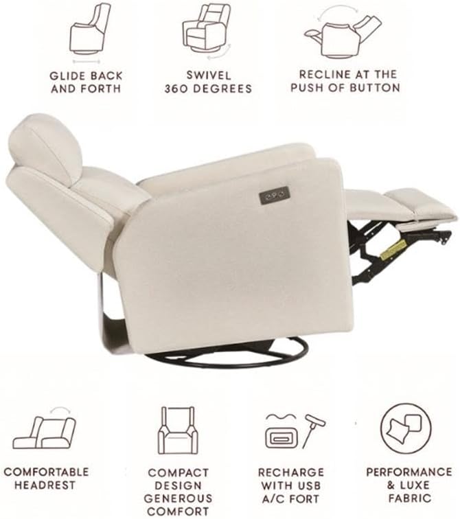 Pemberly Row Premium Fabric Glider Power Recliner Nursery Rocking Chair for Living Room, Kids Room, Rocker Swivel Recliner with USB Port in Cream