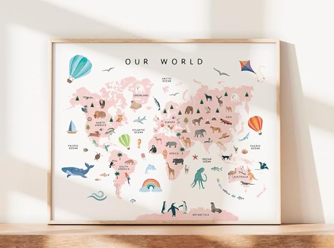 OZCONO World Map Learning Poster, Colorful Animal Chart Kids, Preschool Wall Decor Art, Homeschool Education Guide (Unframed) (24x36)