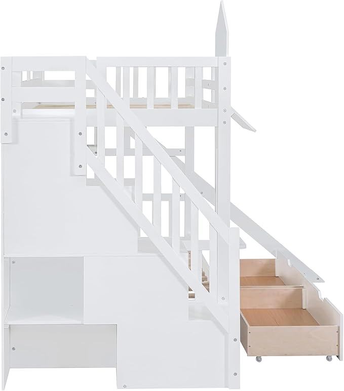 MERITLINE Twin Over Twin Castle Bunk Bed with Slide,Stairs and Drawers,Solid Wood Floor House Princess Bunk Bed with Storage Shelves (White)