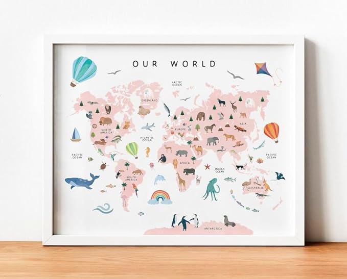OZCONO World Map Learning Poster, Colorful Animal Chart Kids, Preschool Wall Decor Art, Homeschool Education Guide (Unframed) (16x24)