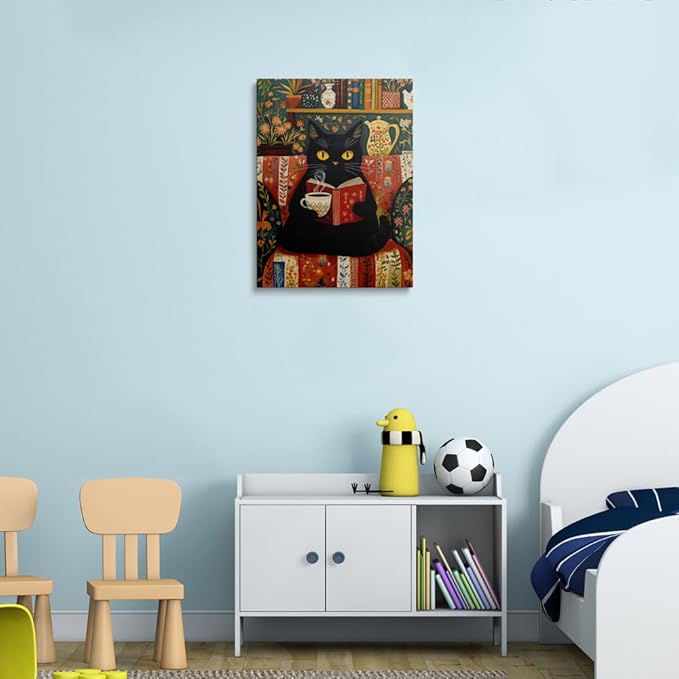 Funny Cute Black Cat Picture Wall Decor Framed Animal Reading Book Drinking Coffee Vintage Canvas Wall Art Rustic Flower Prints Poster Retro Floral Painting for Living Room Bathroom Bedroom (12"x16")