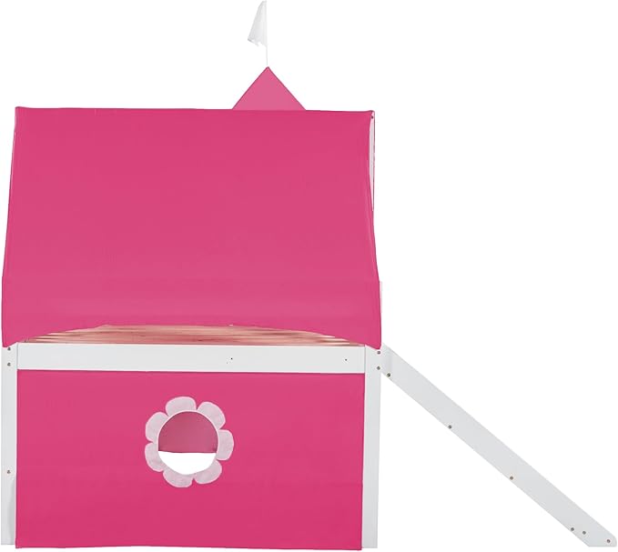 Full Size Low Loft Bed with Slide & Tent and Tower, Playhouse Design Solid Wood Tent Bed Frame for Kids Boys Girls, Versatile Spacious Under Bed Space with Curtains (Pink-FF)