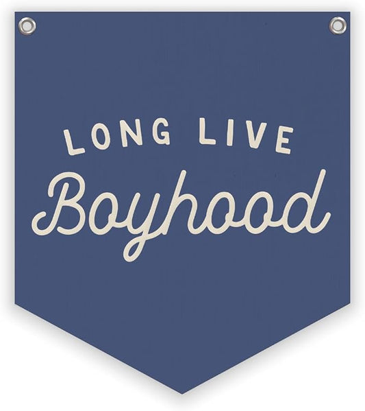 Lacama Vintage Room Decor,Long Live Boyhood Linen Banner,Boy Bedroom Wall Hanging Banner Pennant Flag Decor for Nursery Playroom Toddler Nursery Decor Kids Room,12.4x14 in(Navy blue)
