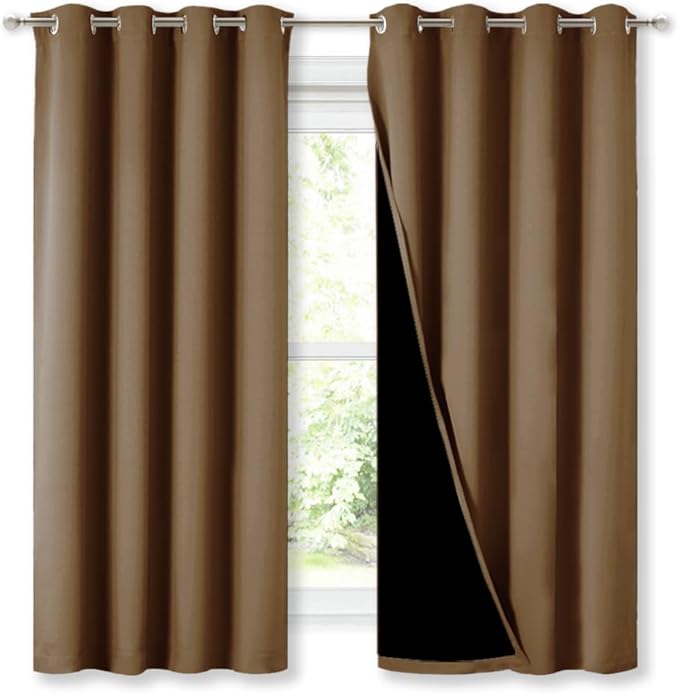 NICETOWN 100% Blackout Curtains 45 inches Long, Gold Brown, 1 Pair, 52 inches Width Each Panel, 2 Thick Layers Completely Blackout Window Treatment Thermal Insulated Lined Drapes for Small Window