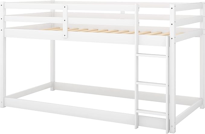 Merax Solid Wood Low Bunk Bed Frame for Kids/Toddlers/Junior, with Built-in Ladder, High Guardrail and Slats, Floor Bed Bottom Bunk, No Box Spring Needed, for Small Spaces, Twin-Over-Twin, White