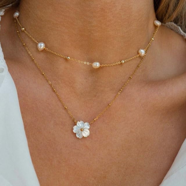 SmileBelle Pearl Necklaces for Women, Daisy Pearl Choker as Christmas Stocking Stuffers for Teens, Silver Daisy Pearls Jewelry Trendy Stuff Birthday Gifts 3 Pearls White Necklace as Wedding Jewelry