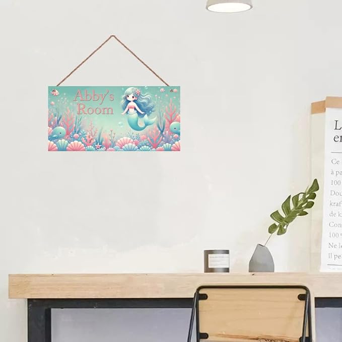Personalized Vintage Mermaid Art Décor For Kids Room Custom Name Door Wall Decor, Ocean Floral Nursery Art Plate For Girls Bedroom Home Club Cabin Garage Bar
